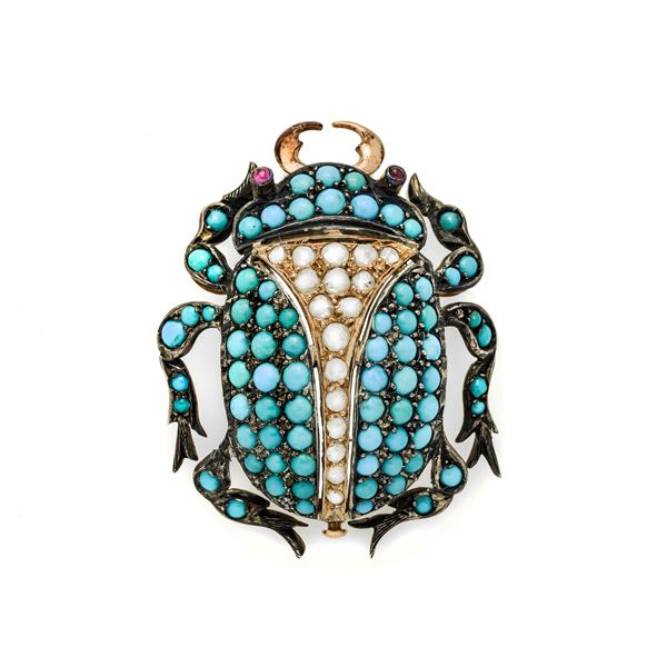 Scarab Brooch in low titer gold, silver, diamonds and turquoises