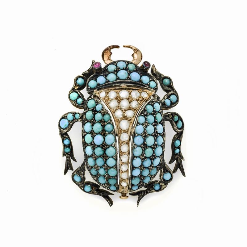 Spilla Scarabeo in Oro a Basso Titolo, Argento, Diamanti e Turchesi