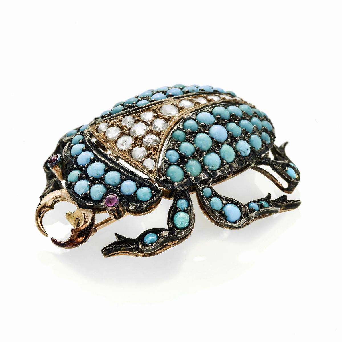 Spilla Scarabeo in Oro a Basso Titolo, Argento, Diamanti e Turchesi