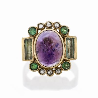 Anello in Oro Giallo, Ametista, Smeraldi, Acquamarina e Diamanti