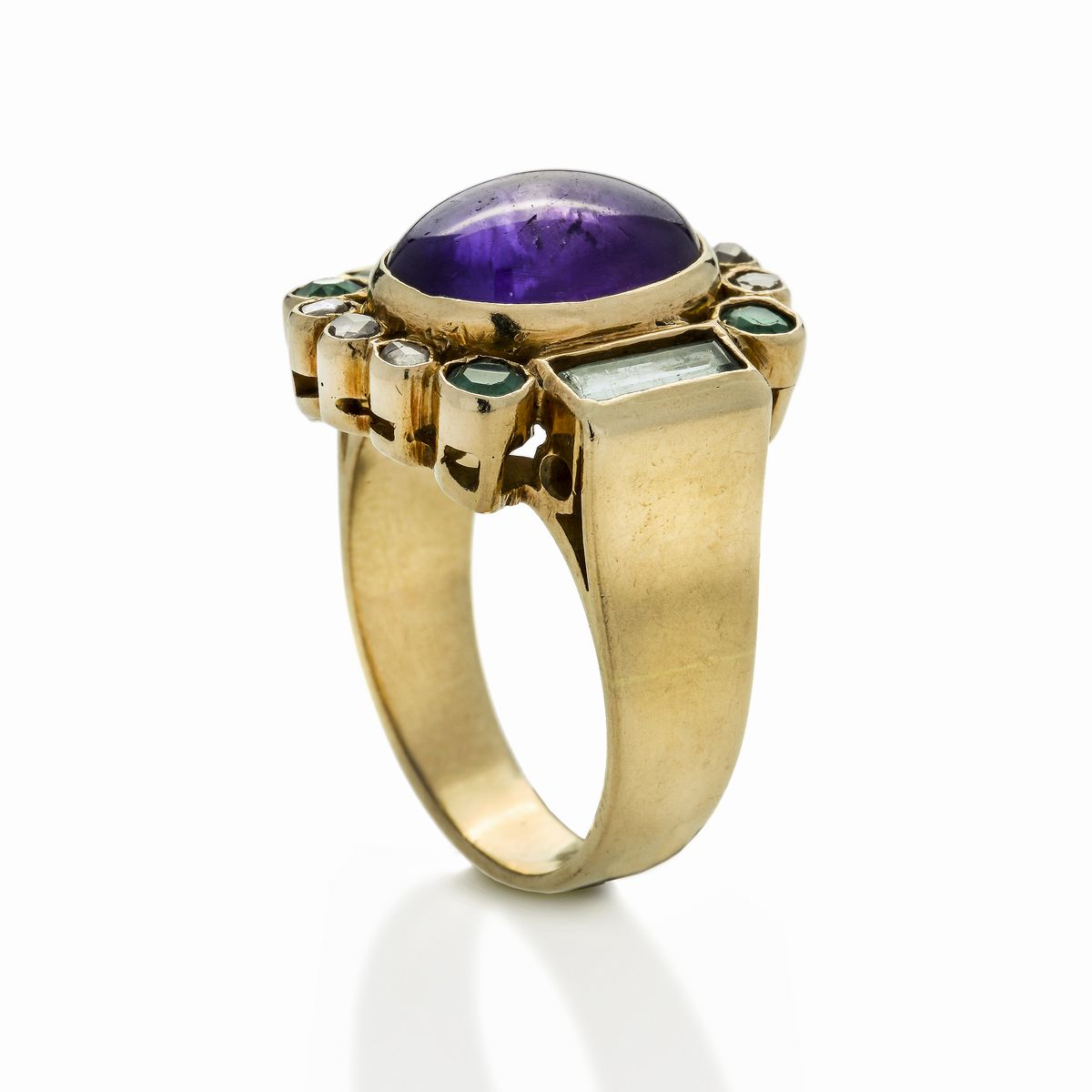 Anello in Oro Giallo, Ametista, Smeraldi, Acquamarina e Diamanti