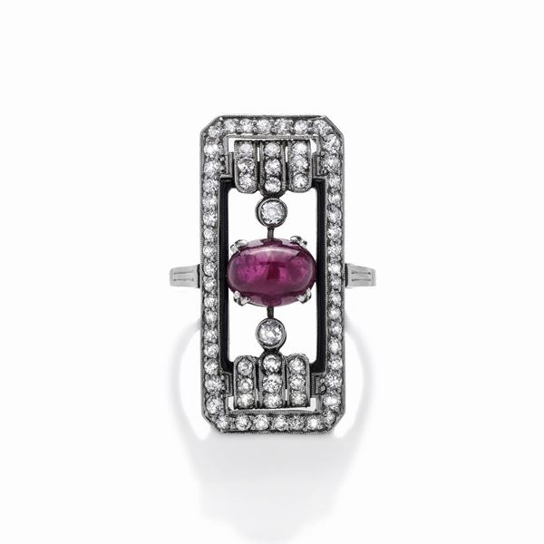 Ring in platinum, black enamel, diamonds and ruby