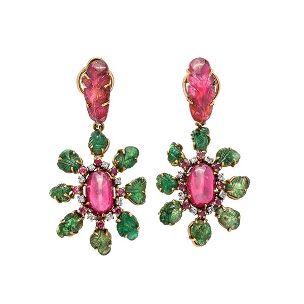 Pair of Tutti Frutti earrings in yellow gold, diamonds, emeralds and rubies