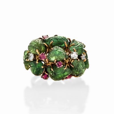 Anello Tutti Frutti in Oro Giallo, Diamanti, Rubini e Smeraldi