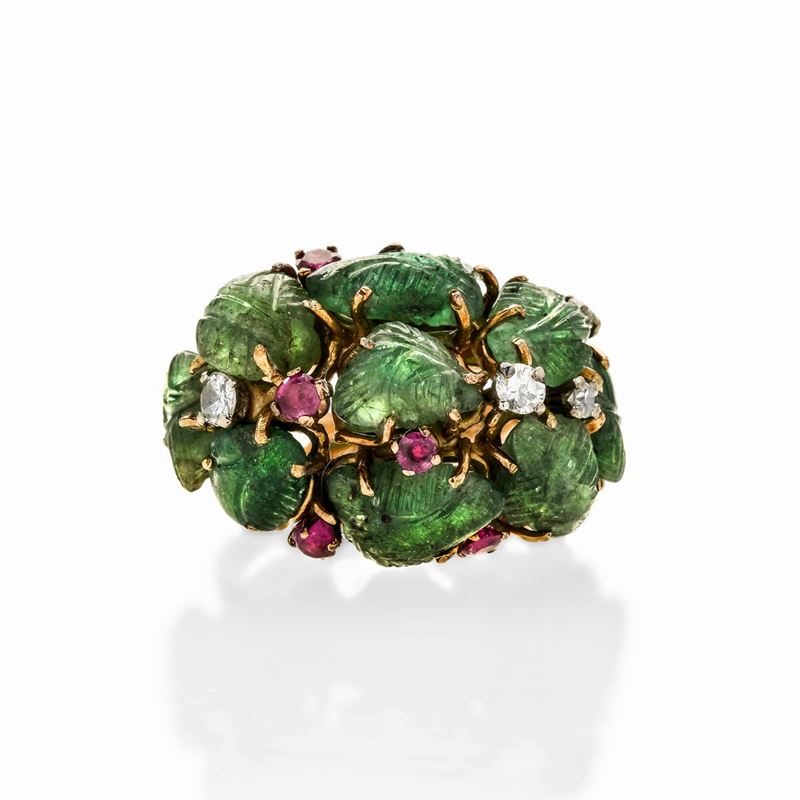 Anello Tutti Frutti in Oro Giallo, Diamanti, Rubini e Smeraldi