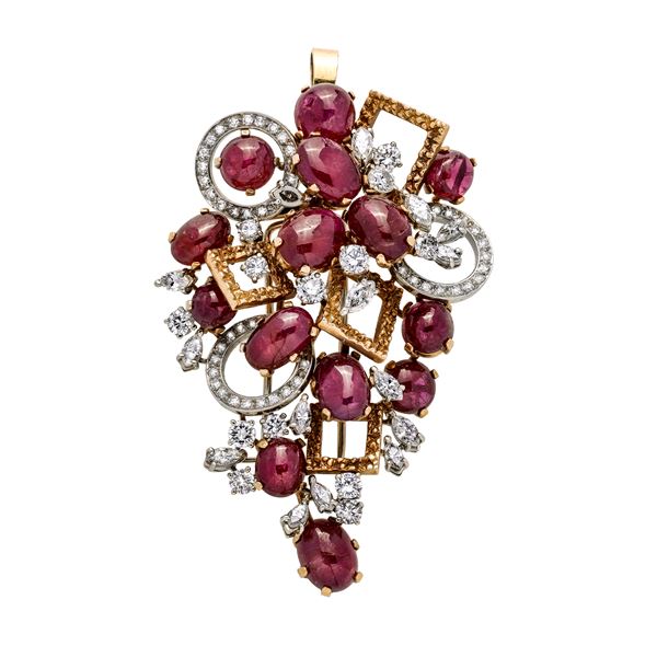 Brooch pendant in white gold, yellow gold, diamonds and rubies