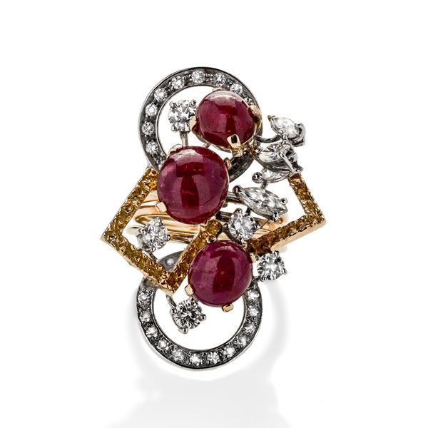 Ring in white gold, yellow gold, diamonds and rubies