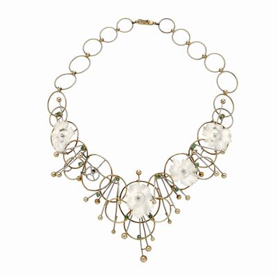 Collier in Oro Giallo, Oro Bianco, Diamanti, Smeraldi e Cristallo di Rocca