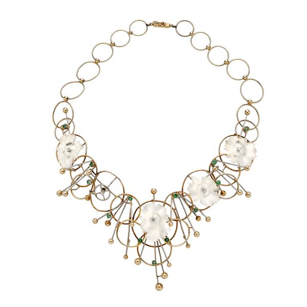 Collier in yellow gold, white gold, diamond, emerald and rock crystal