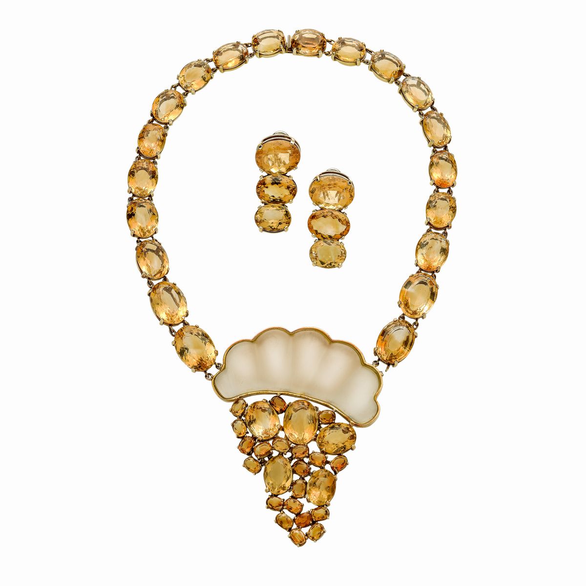 Paio di Orecchini e Collier in Oro Giallo, Cristallo di Rocca e Quarzi Citrini
