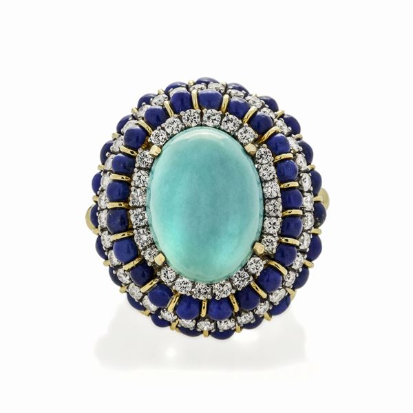 Ring in yellow gold, lapis lazuli, turquoise and diamonds