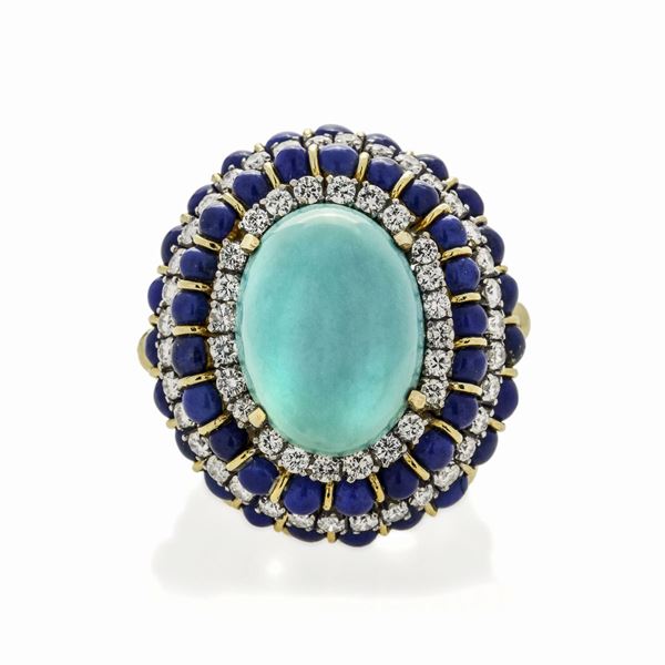 Anello in oro giallo, lapislazzulo, diamanti e turchese