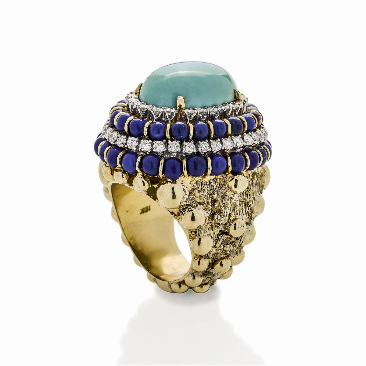 Anello in Oro Giallo, Lapislazzulo, Diamanti e Turchese