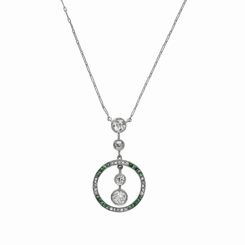 Pendente in Oro Bianco, Diamanti e Smeraldi