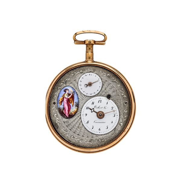 Pocket watch in yellow gold, silver and painted miniature Robert U, Corvoisier
