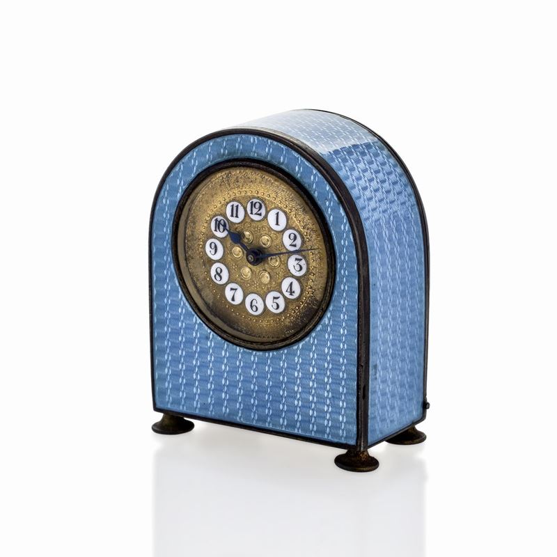 Piccolo Orologio da Tavolo Ottone, Metallo e Smalto Azzurro