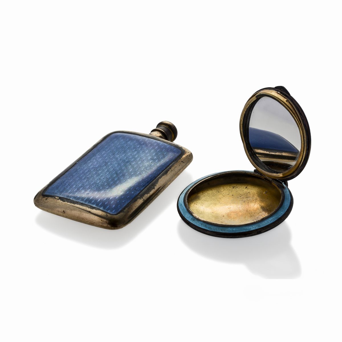 Scatola Porta Cipria e Porta Essenze in Ottone e Smalti Azzurro e Turchese