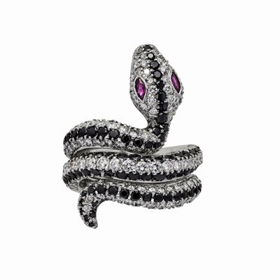 Anello Serpente in Oro Bianco, Diamanti, Diamanti Neri e Rubini