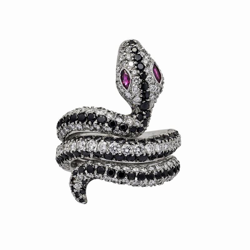 Anello Serpente in Oro Bianco, Diamanti, Diamanti Neri e Rubini