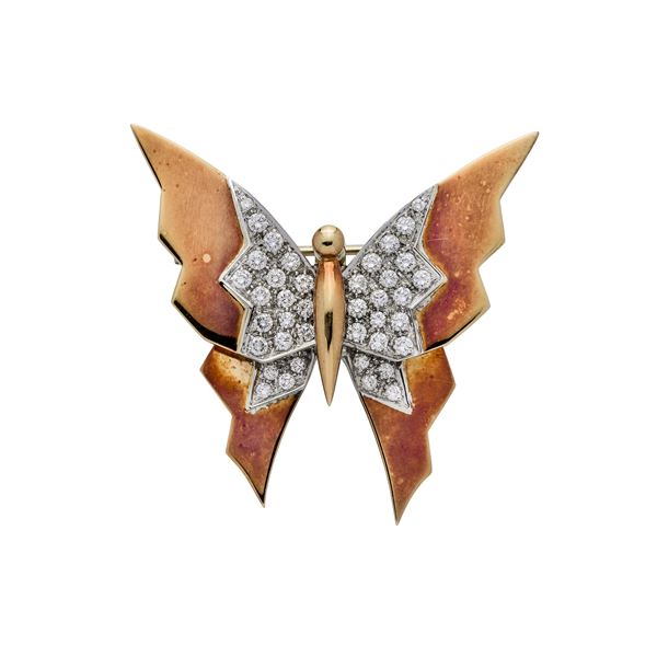 POMELLATO : Butterfly Brooch in yellow gold, white gold and diamonds Pomellato  - Auction Antique Jewellery and Modern  - Curio - Casa d'aste in Firenze