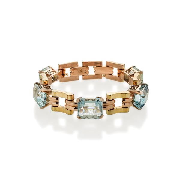 Bracelet in pink gold, yellow gold and aquamarine