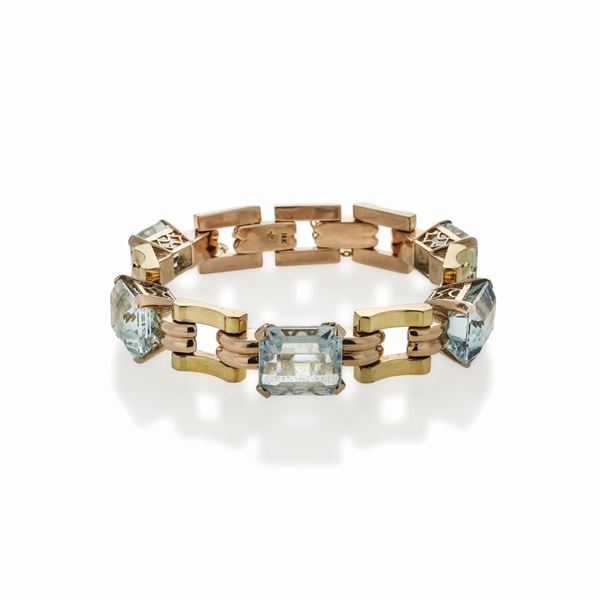 Bracciale in oro rosa, oro giallo e acquamarina