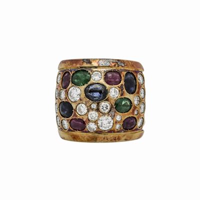 Anello in Oro Giallo, Diamanti, Rubini, Zaffiri e Smeraldi