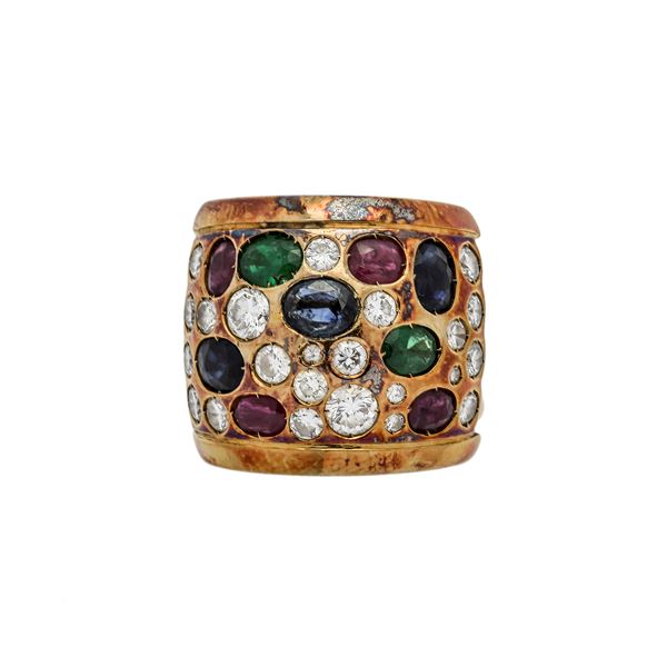 Ring in yellow gold, diamonds, rubies, sapphires and emeralds