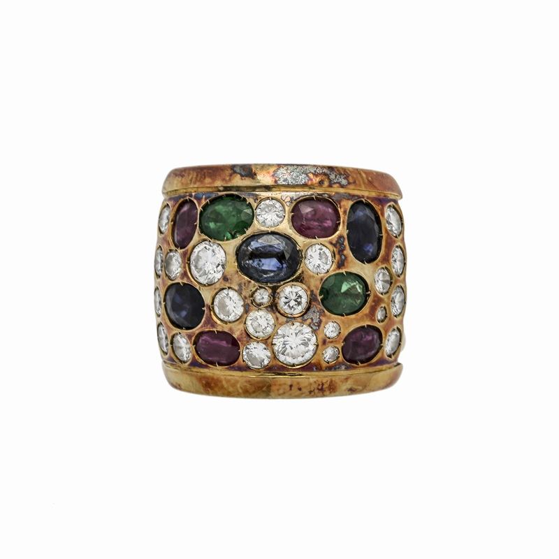 Anello in Oro Giallo, Diamanti, Rubini, Zaffiri e Smeraldi