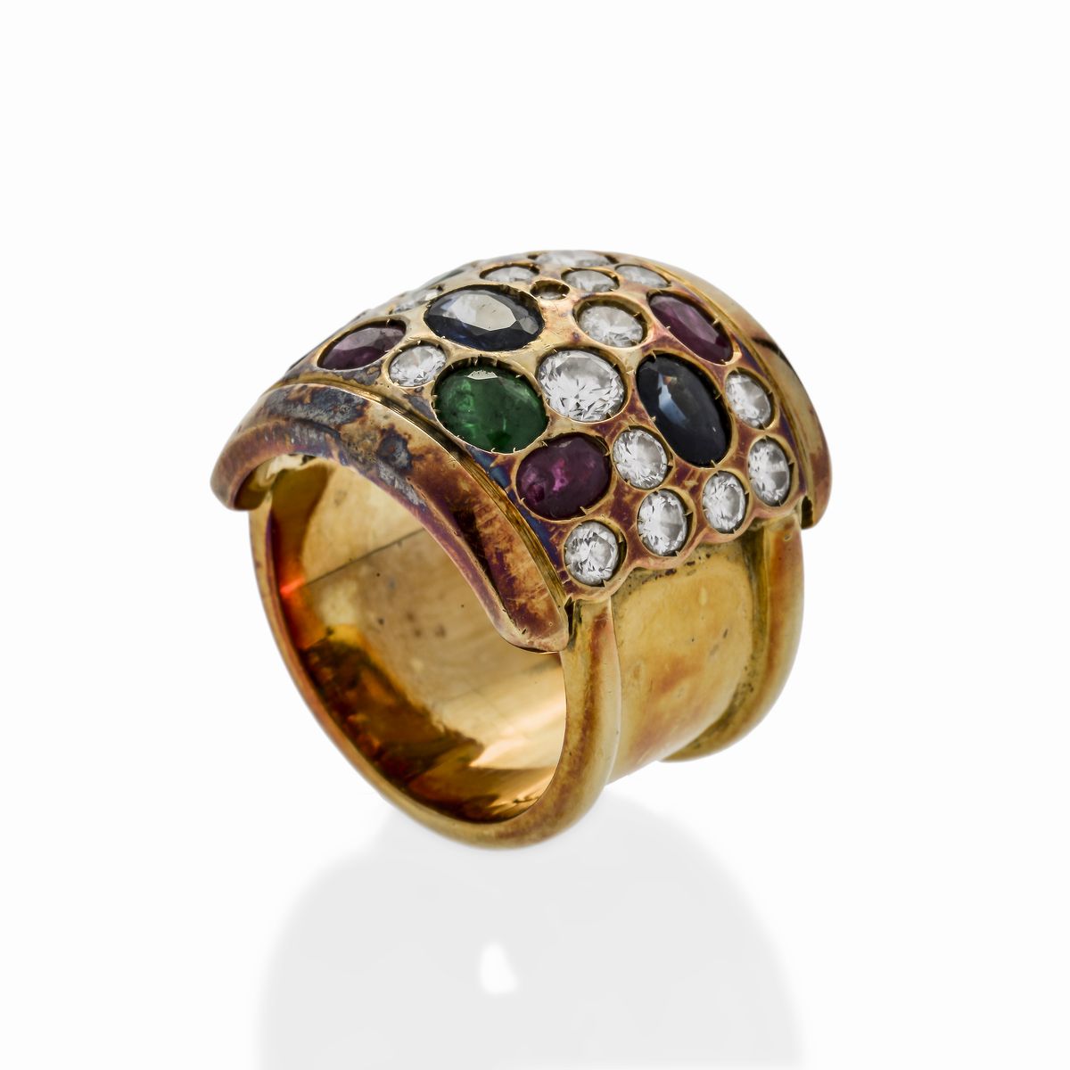 Anello in Oro Giallo, Diamanti, Rubini, Zaffiri e Smeraldi