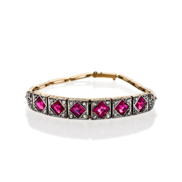 Bracelet in yellow gold, platinum, diamonds and rubellite  - Auction Antique Jewellery, Modern and Watches - Curio - Casa d'aste in Firenze