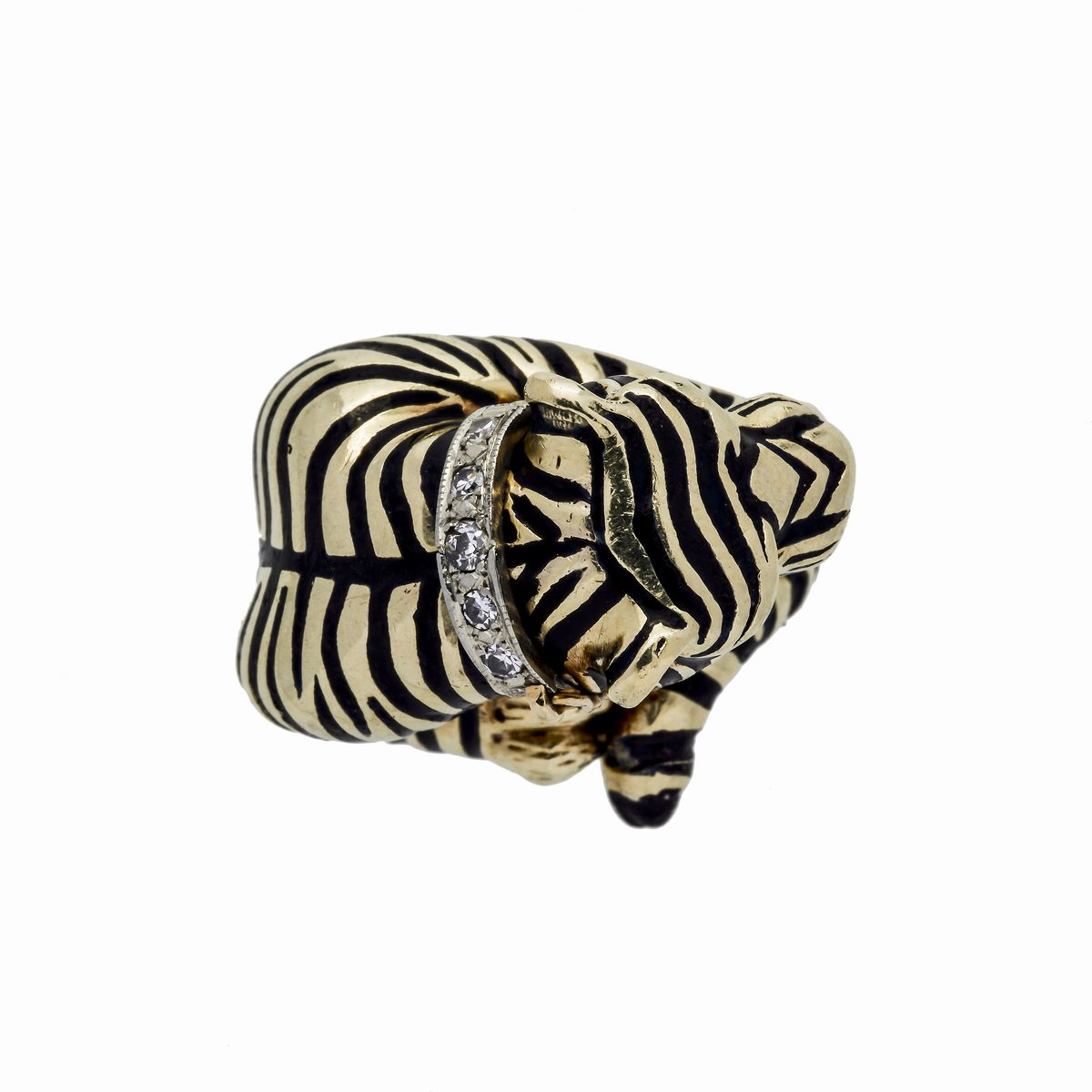 Anello Tigre in Oro a Basso Titolo, Diamanti e Smalto Nero
