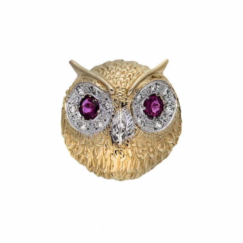 Anello Gufo in Oro a Basso Titolo, Diaamnti e Rubini