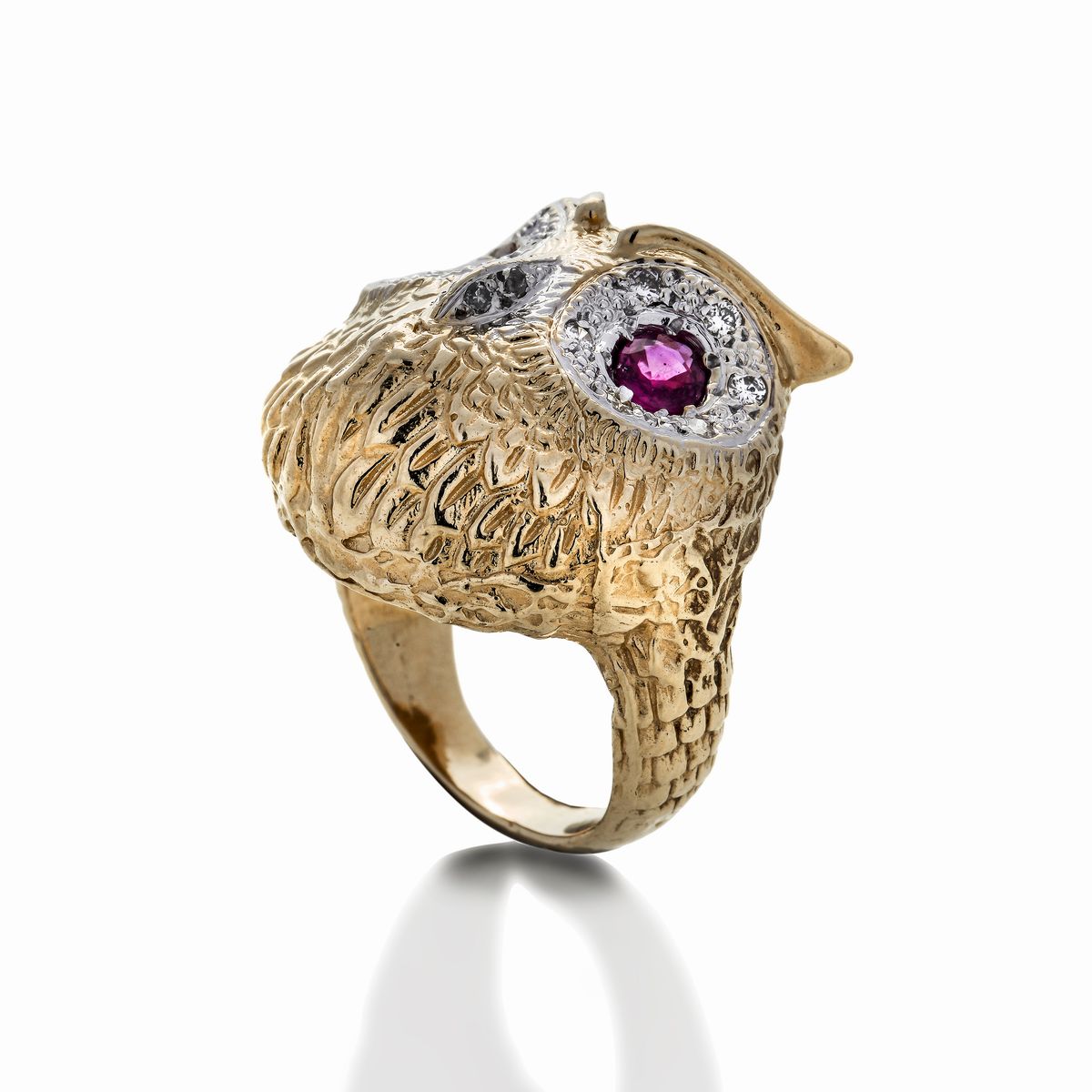 Anello Gufo in Oro a Basso Titolo, Diaamnti e Rubini
