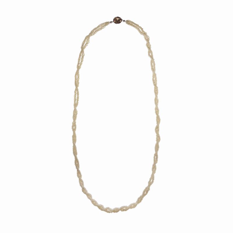 Lunga Collana Torchionne in Oro a Basso Titolo, Oro Giallo, Argento e Microperle