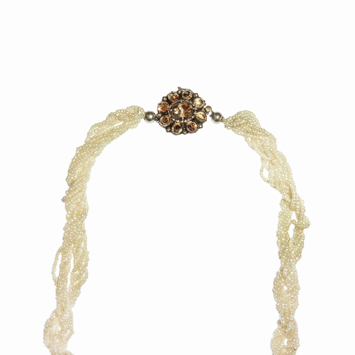 Lunga Collana Torchionne in Oro a Basso Titolo, Oro Giallo, Argento e Microperle