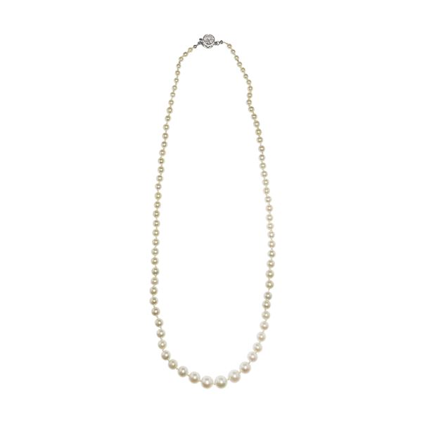 Necklace in platinum, diamond and natural pearls