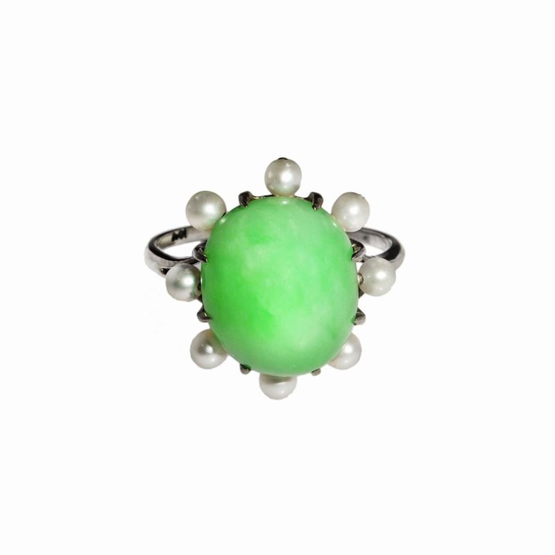 Anello in Platino, Perle Naturali e Giadeite