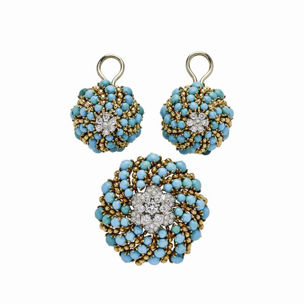 Pair of earrings and brooch in yellow gold, white gold, diamonds and turquoise  - Auction Antique Jewellery, Modern and Watches - Curio - Casa d'aste in Firenze