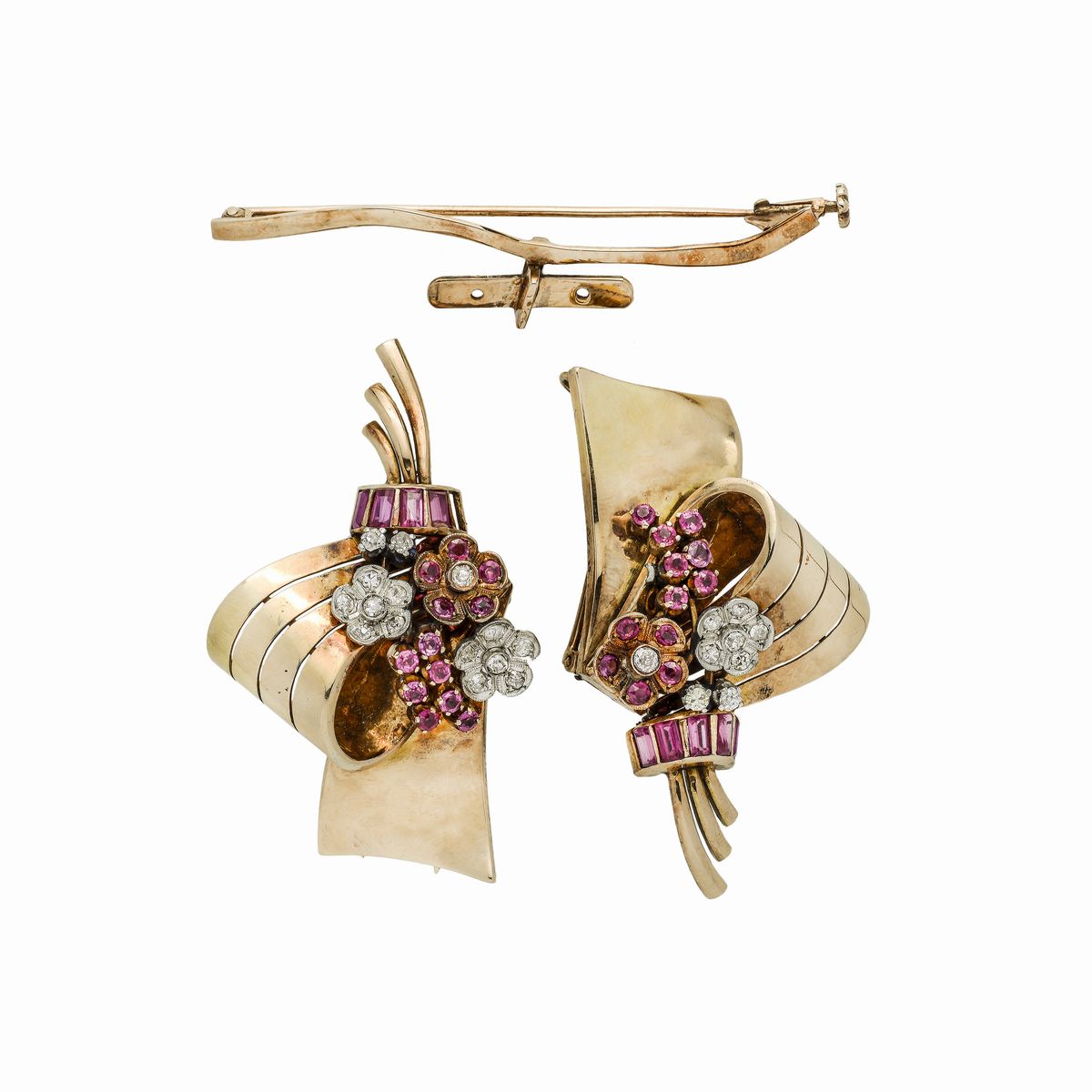Doppia Clips in Oro Giallo, Platino, Diamanti e Rubini