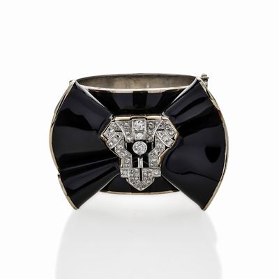 Bracciale Rigido in Argento, Oro Giallo, Smalto Nero e Diamanti