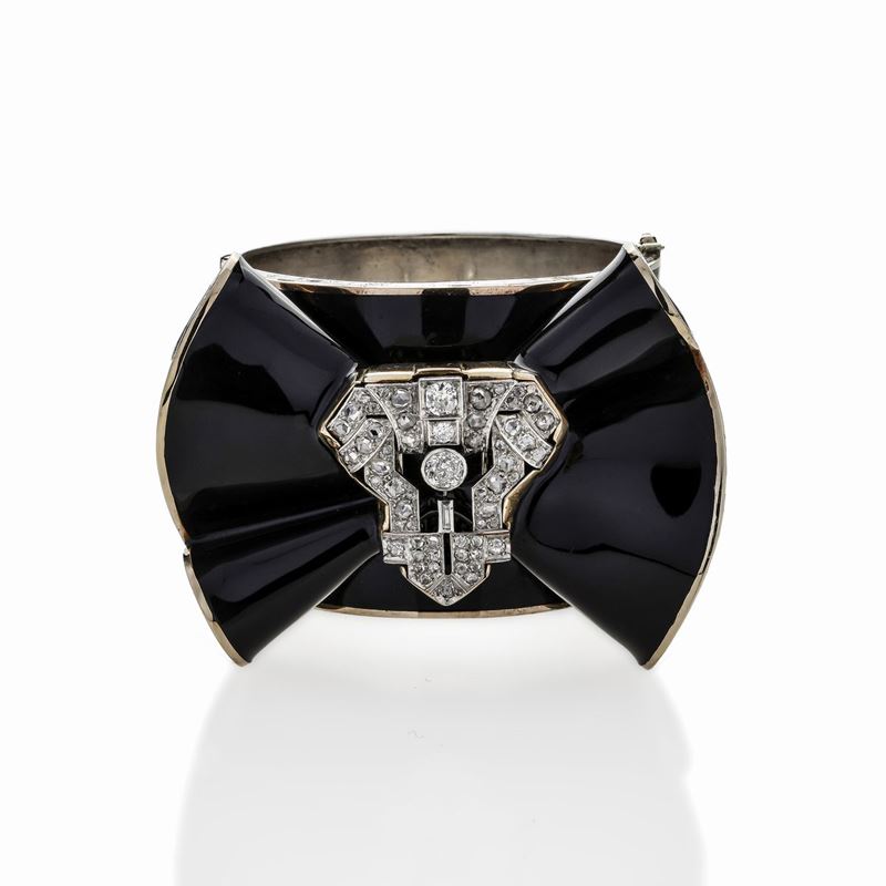 Bracciale Rigido in Argento, Oro Giallo, Smalto Nero e Diamanti