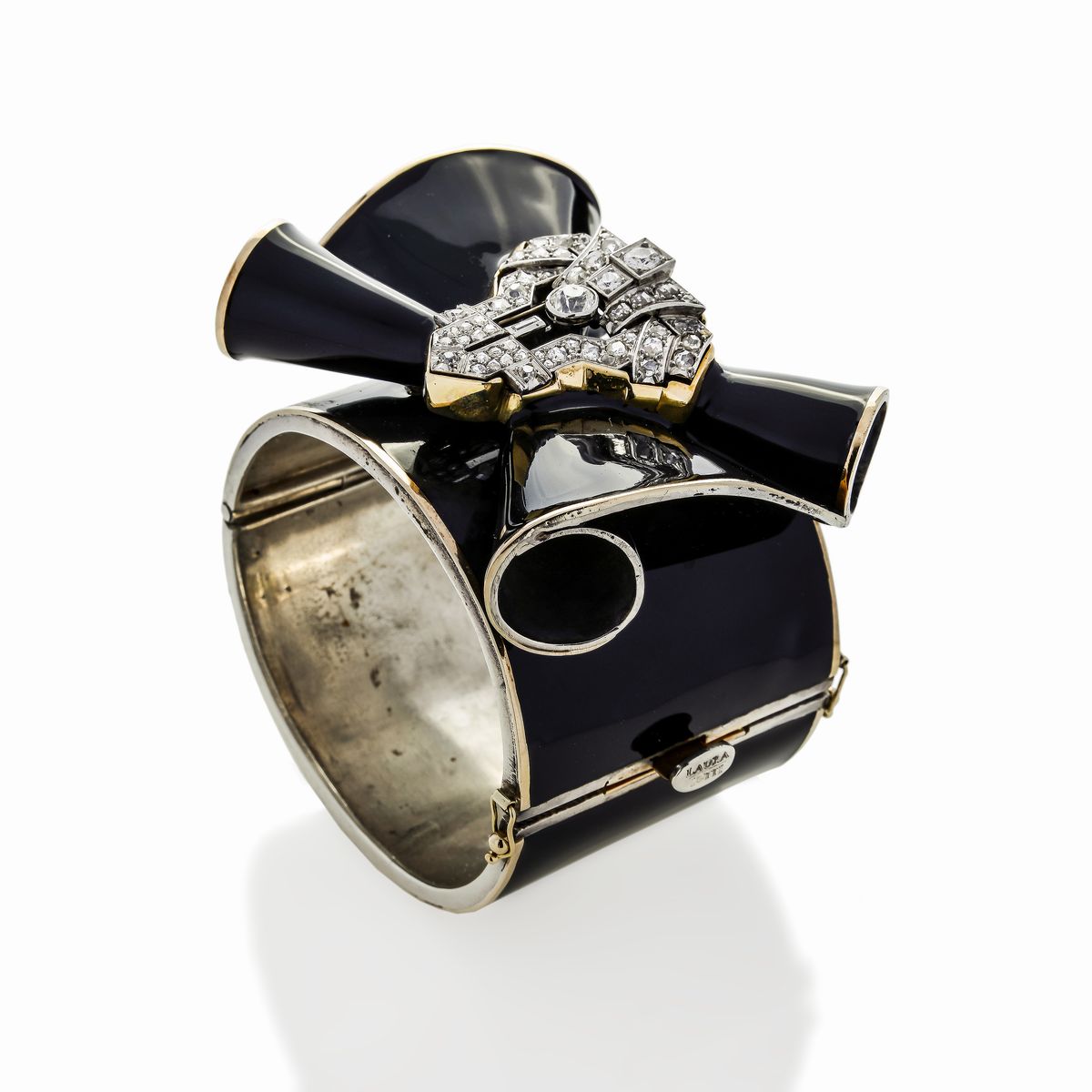 Bracciale Rigido in Argento, Oro Giallo, Smalto Nero e Diamanti