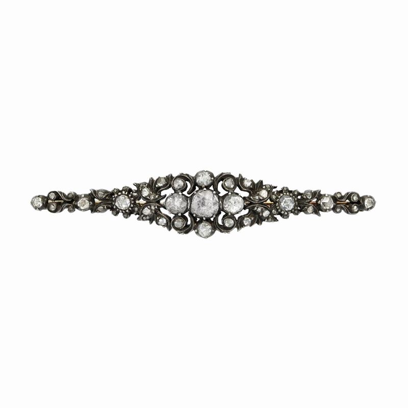 Spilla a Barretta in Oro a Basso Titolo, Argento e Diamanti