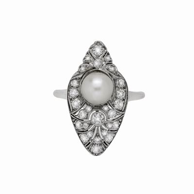 Anello in Oro Bianco, Diamanti e Perla