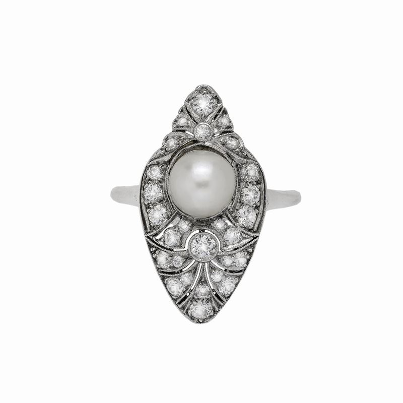 Anello in Oro Bianco, Diamanti e Perla