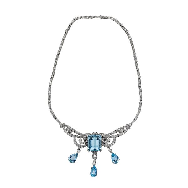 Necklace in white gold, diamonds and aquamarine