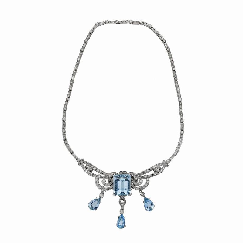 Collana in Oro Bianco, Diamanti e Acquamarina