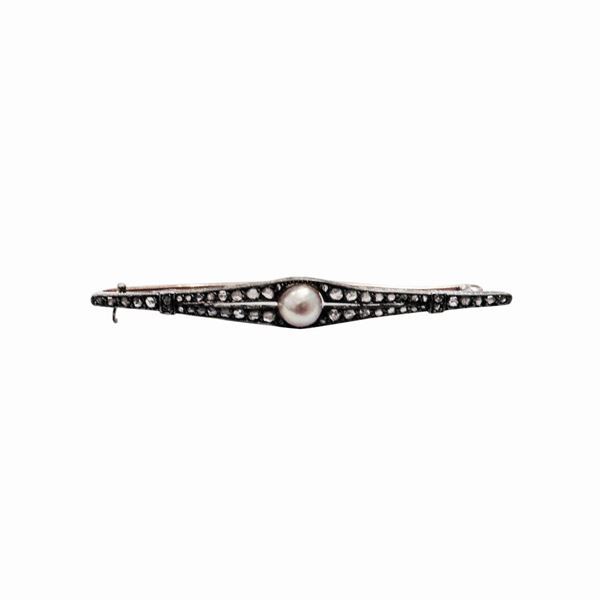Bar brooch in silver, diamonds and pearl  - Auction Antique Jewellery, Modern and Watches - Curio - Casa d'aste in Firenze