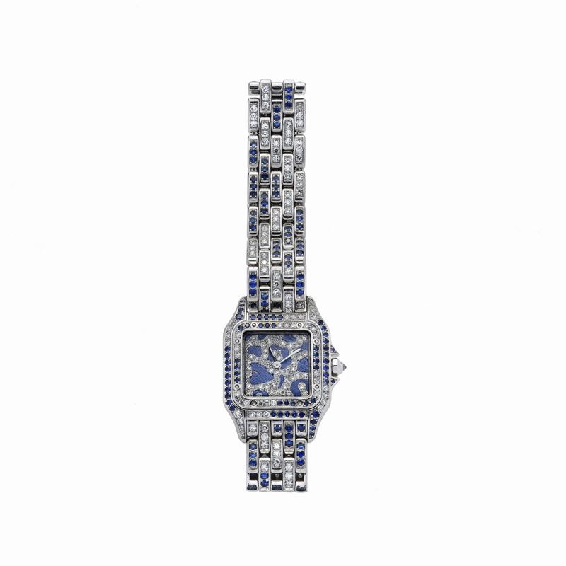 Orologio da Signora in Oro Bianco, Zaffiri, Smalto e Diamanti Panthere Cartier